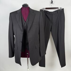 Hugo Boss Men Pinstriped 3 PC Suit Flynn Vegas 42L  Grey Wool 3BTN Retro Classic